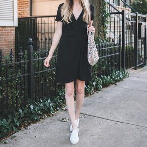 J. Crew Factory Textured Knit Wrap Dress Black XL AL924 Short Sleeves V-neck